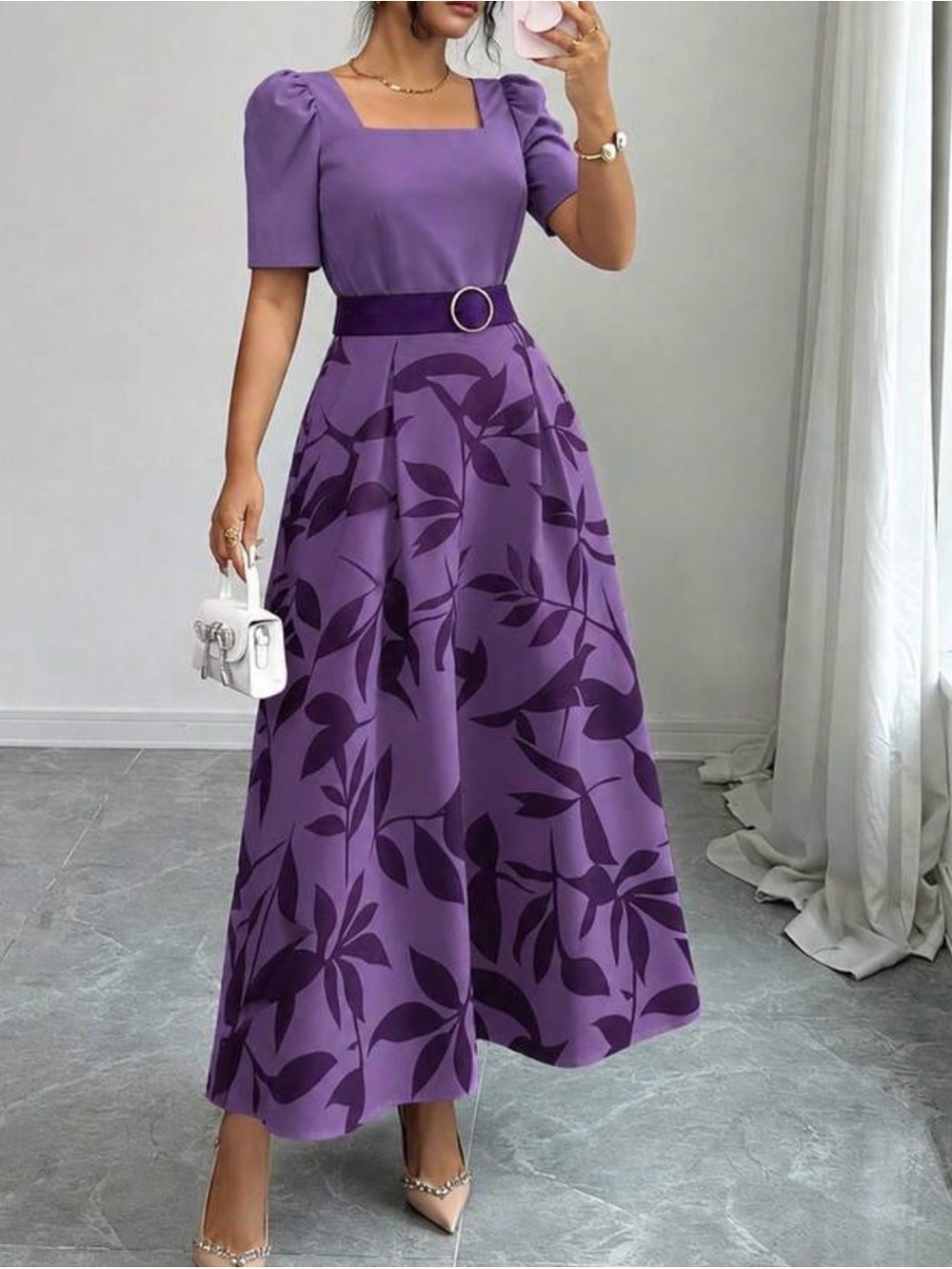 Purple Floral Belted Midi Dress